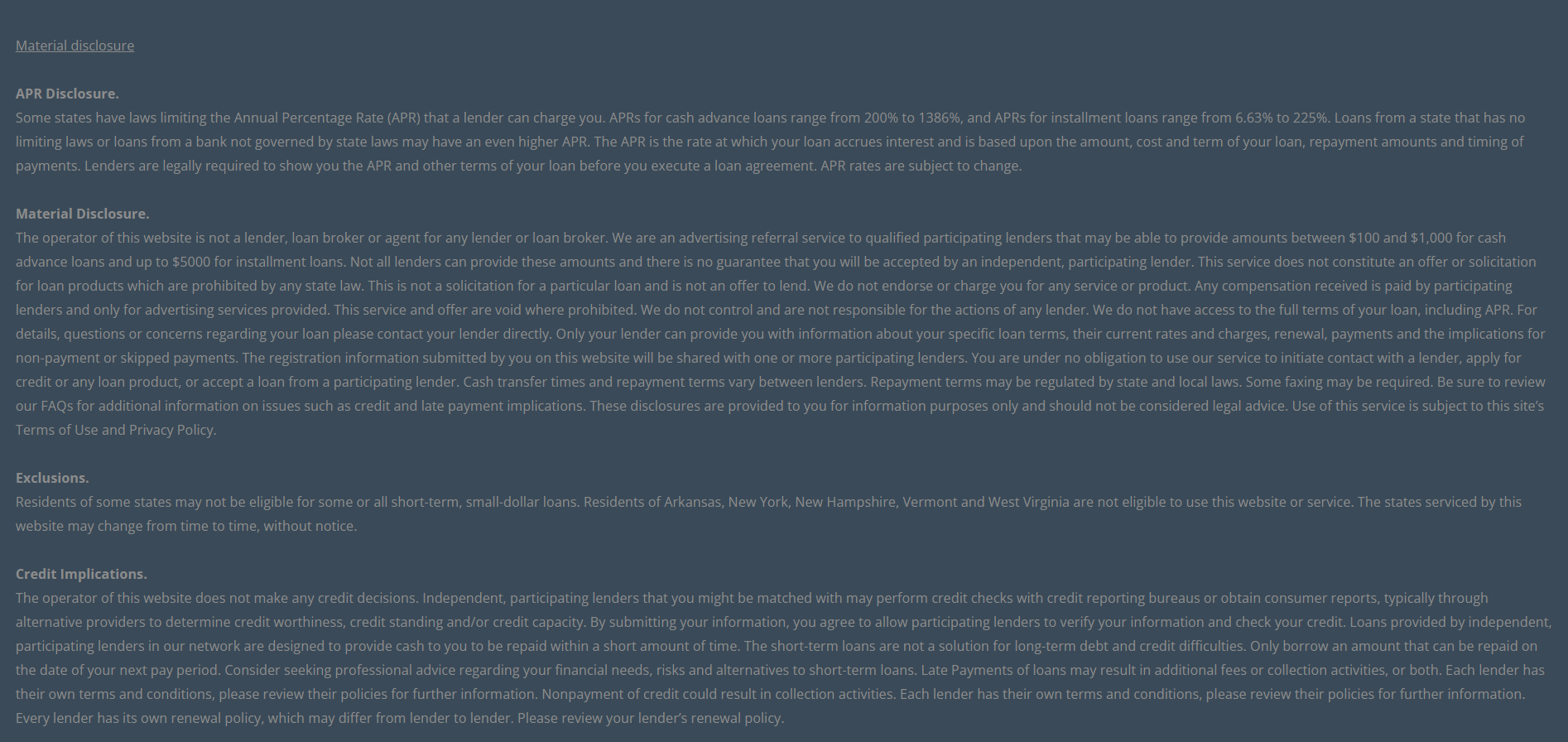 Material disclosure for payday loans in Logan Utah